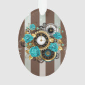 Steampunk Clock- en Turquoise-Rozen op gestreept Ornament (achterkant)