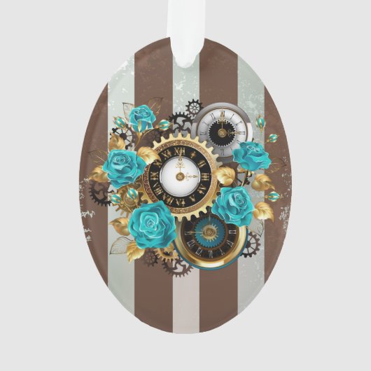 Steampunk Clock- en Turquoise-Rozen op gestreept Ornament (achterkant)