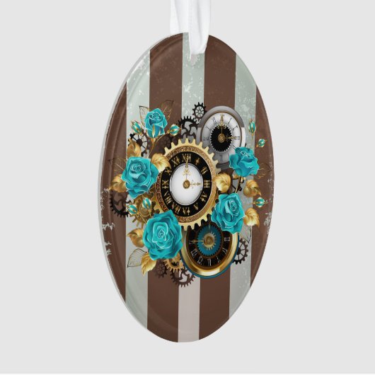 Steampunk Clock- en Turquoise-Rozen op gestreept Ornament (voorkant)