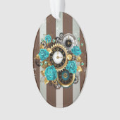 Steampunk Clock- en Turquoise-Rozen op gestreept Ornament (voorkant)