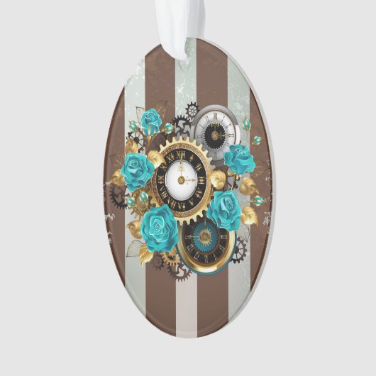 Steampunk Clock- en Turquoise-Rozen op gestreept Ornament (voorkant)