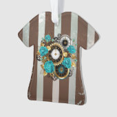 Steampunk Clock- en Turquoise-Rozen op gestreept Ornament (voorkant)