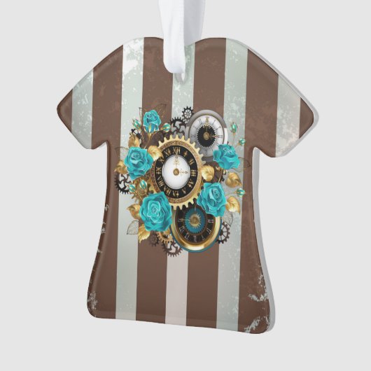 Steampunk Clock- en Turquoise-Rozen op gestreept Ornament (voorkant)