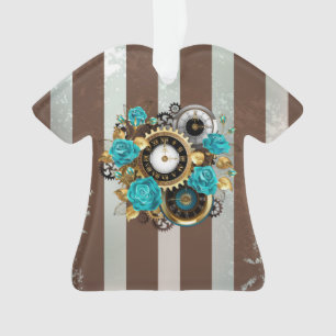 Steampunk Clock- en Turquoise-Rozen op gestreept Ornament