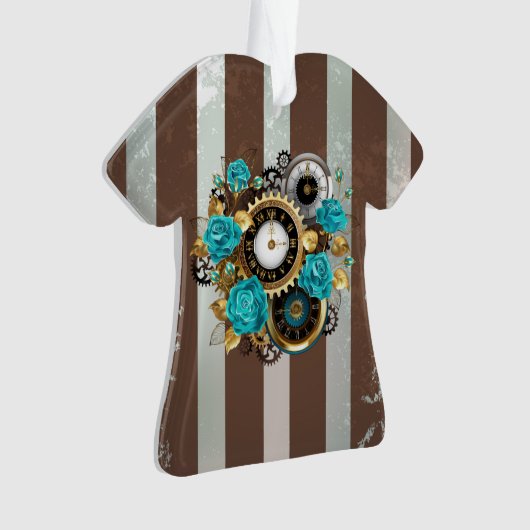 Steampunk Clock- en Turquoise-Rozen op gestreept Ornament (voorkant)