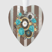 Steampunk Clock- en Turquoise-Rozen op gestreept Ornament (voorkant)