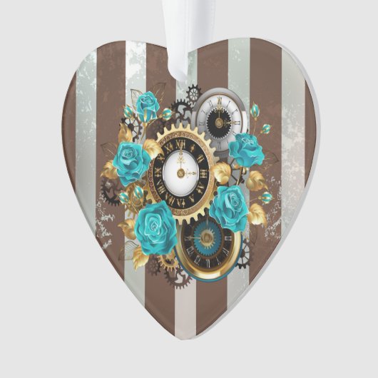 Steampunk Clock- en Turquoise-Rozen op gestreept Ornament (voorkant)