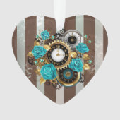 Steampunk Clock- en Turquoise-Rozen op gestreept Ornament (voorkant)