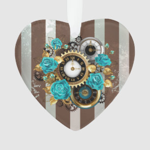 Steampunk Clock- en Turquoise-Rozen op gestreept Ornament