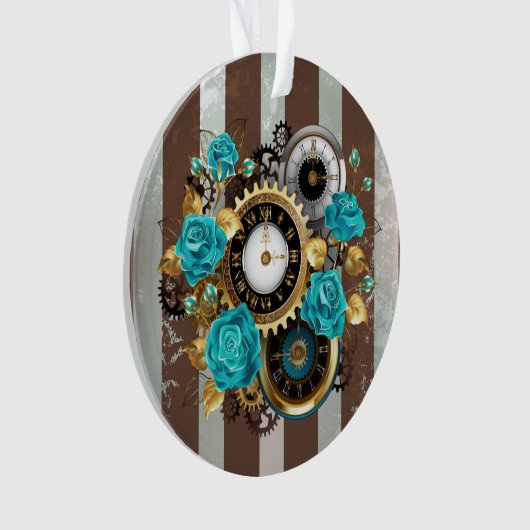 Steampunk Clock- en Turquoise-Rozen op gestreept Ornament (voorkant)