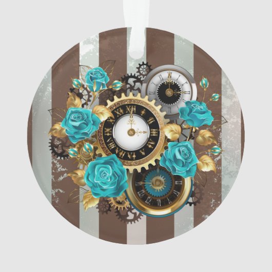 Steampunk Clock- en Turquoise-Rozen op gestreept Ornament (achterkant)