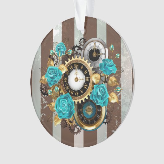 Steampunk Clock- en Turquoise-Rozen op gestreept Ornament (voorkant)