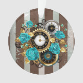 Steampunk Clock- en Turquoise-Rozen op gestreept Ornament (voorkant)