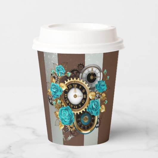 Steampunk Clock- en Turquoise-Rozen op gestreept Papieren Bekers (Voorkant)