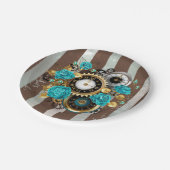 Steampunk Clock- en Turquoise-Rozen op gestreept Papieren Bordje (Gekanteld)
