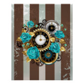 Steampunk Clock- en Turquoise-Rozen op gestreept Perfect Poster (Voorkant)