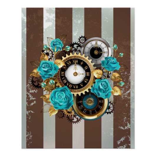 Steampunk Clock- en Turquoise-Rozen op gestreept Perfect Poster (Voorkant)