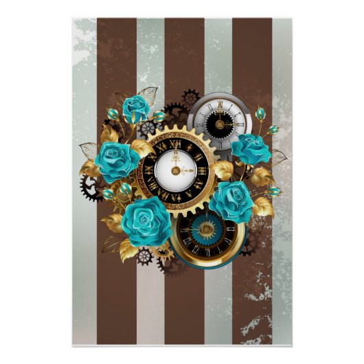Steampunk Clock- en Turquoise-Rozen op gestreept Perfect Poster (Voorkant)