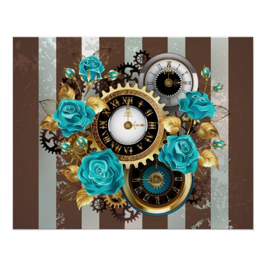 Steampunk Clock- en Turquoise-Rozen op gestreept Perfect Poster (Voorkant)