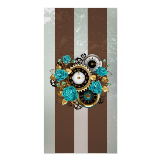 Steampunk Clock- en Turquoise-Rozen op gestreept Perfect Poster (Voorkant)
