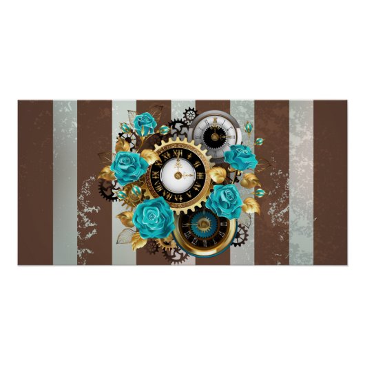 Steampunk Clock- en Turquoise-Rozen op gestreept Perfect Poster (Voorkant)