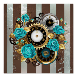 Steampunk Clock- en Turquoise-Rozen op gestreept Perfect Poster