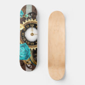 Steampunk Clock- en Turquoise-Rozen op gestreept Persoonlijk Skateboard (Voorkant)