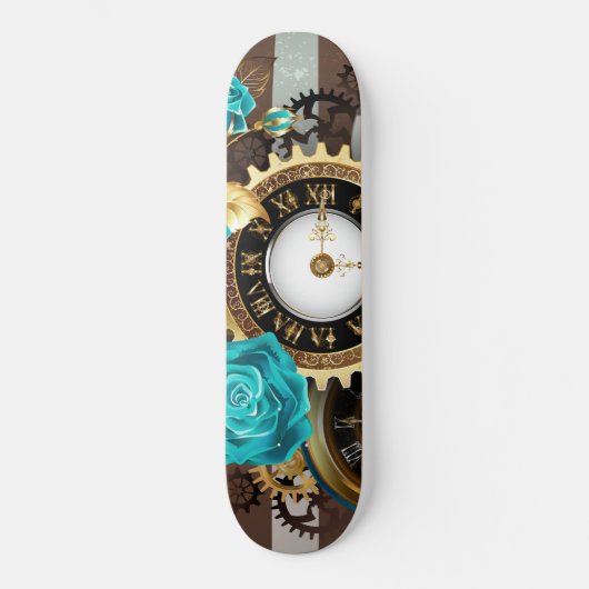 Steampunk Clock- en Turquoise-Rozen op gestreept Persoonlijk Skateboard (Voorkant)