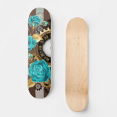 Steampunk Clock- en Turquoise-Rozen op gestreept Persoonlijk Skateboard (Voorkant)
