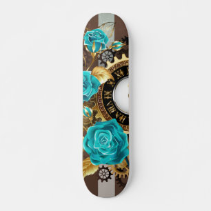 Steampunk Clock- en Turquoise-Rozen op gestreept Persoonlijk Skateboard