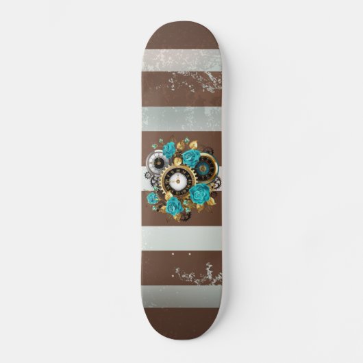 Steampunk Clock- en Turquoise-Rozen op gestreept Persoonlijk Skateboard (Voorkant)