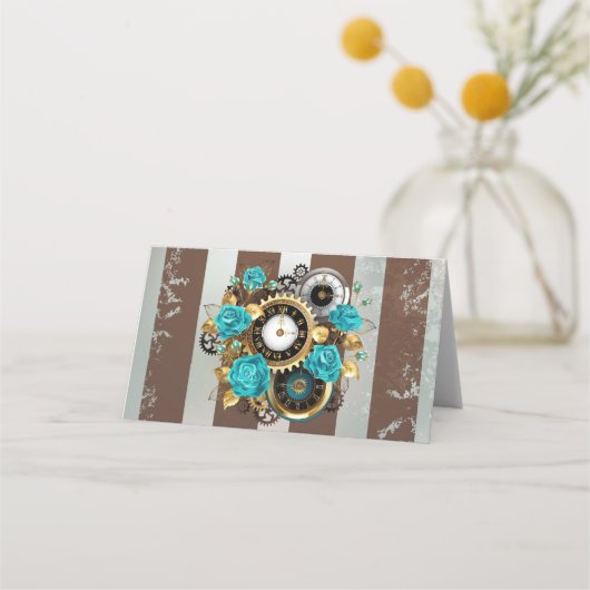 Steampunk Clock- en Turquoise-Rozen op gestreept Plaatskaartje (Voorkant)