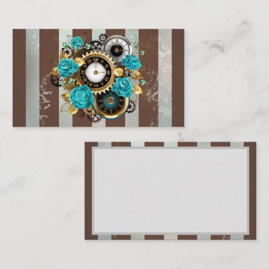 Steampunk Clock- en Turquoise-Rozen op gestreept Plaatskaartje (Voorkant / Achterkant)