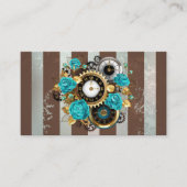 Steampunk Clock- en Turquoise-Rozen op gestreept Plaatskaartje (Voorkant)