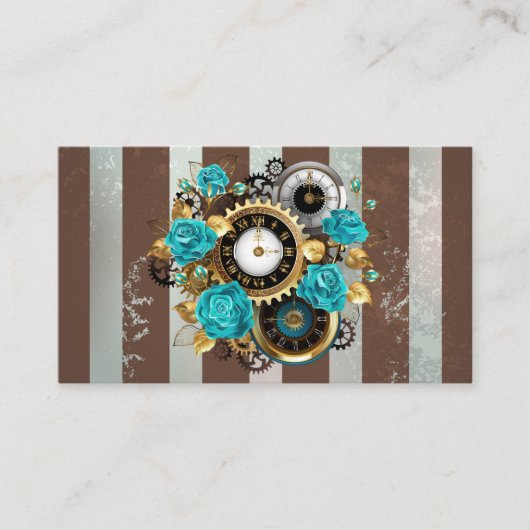 Steampunk Clock- en Turquoise-Rozen op gestreept Plaatskaartje (Voorkant)