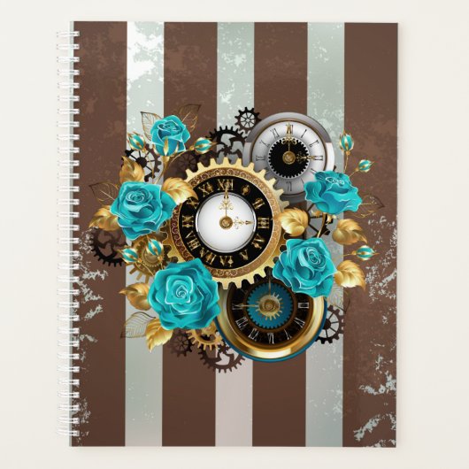 Steampunk Clock- en Turquoise-Rozen op gestreept Planner (Voorkant)
