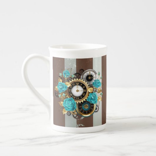 Steampunk Clock- en Turquoise-Rozen op gestreept Porselein Kop (Links)