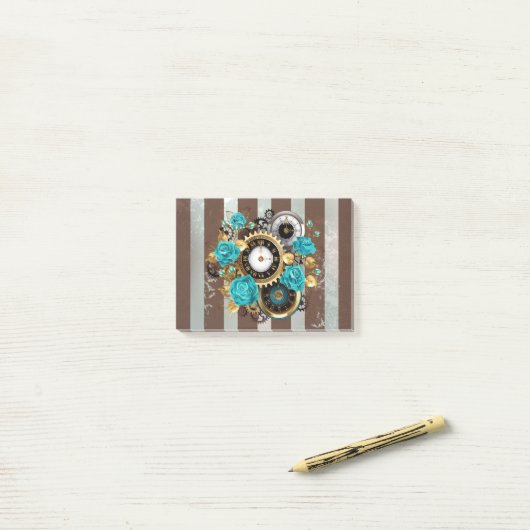 Steampunk Clock- en Turquoise-Rozen op gestreept Post-it® Notes (Op bureau)