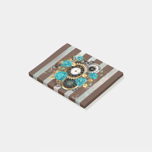 Steampunk Clock- en Turquoise-Rozen op gestreept Post-it® Notes (Schuin)