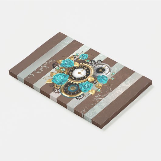 Steampunk Clock- en Turquoise-Rozen op gestreept Post-it® Notes (Schuin)