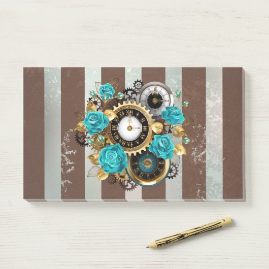 Steampunk Clock- en Turquoise-Rozen op gestreept Post-it® Notes (Op bureau)