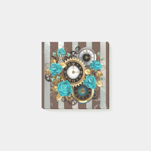 Steampunk Clock- en Turquoise-Rozen op gestreept Post-it® Notes (Voorkant)