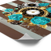 Steampunk Clock- en Turquoise-Rozen op gestreept Poster (Hoek)