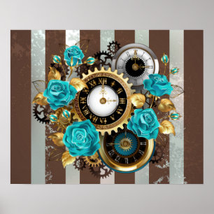 Steampunk Clock- en Turquoise-Rozen op gestreept Poster