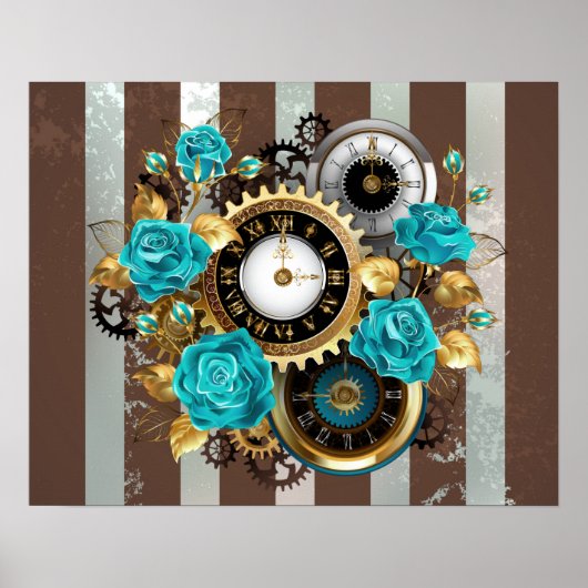 Steampunk Clock- en Turquoise-Rozen op gestreept Poster (Voorkant)