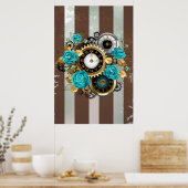 Steampunk Clock- en Turquoise-Rozen op gestreept Poster (Keuken)
