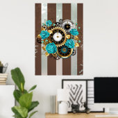 Steampunk Clock- en Turquoise-Rozen op gestreept Poster (Thuiskantoor)