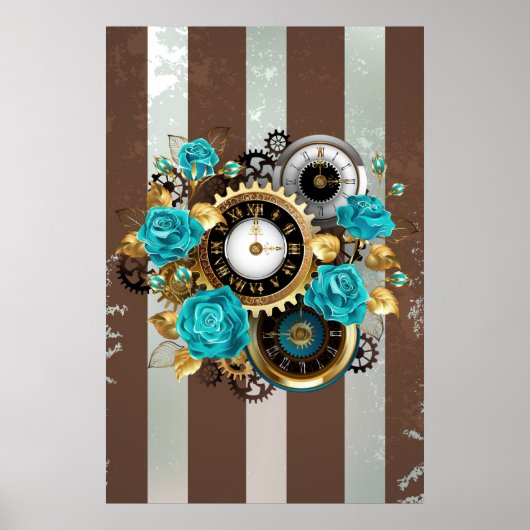 Steampunk Clock- en Turquoise-Rozen op gestreept Poster (Voorkant)
