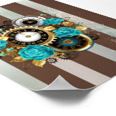 Steampunk Clock- en Turquoise-Rozen op gestreept Poster (Hoek)