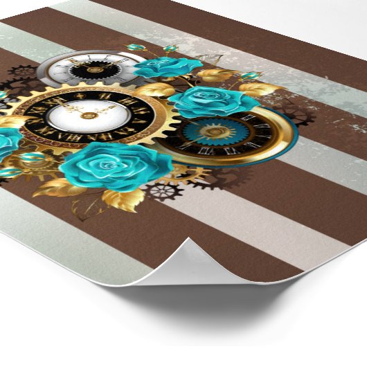Steampunk Clock- en Turquoise-Rozen op gestreept Poster (Hoek)